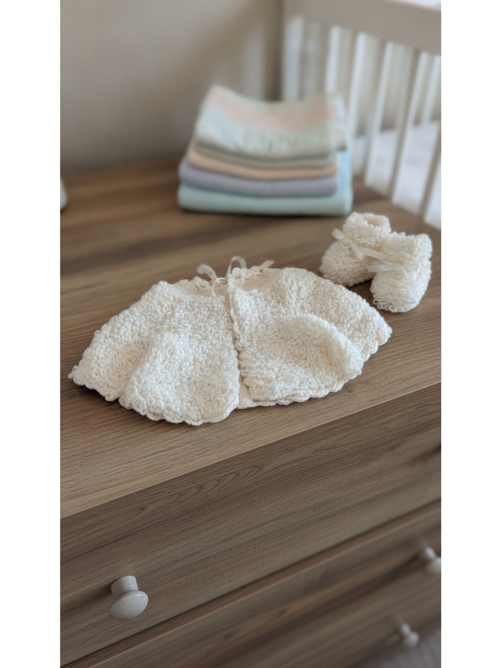 Handmade Cream Crochet Baby Sweater and Booties Set – Vintage Dedication Set